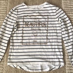 White shirt with navy blue stripes